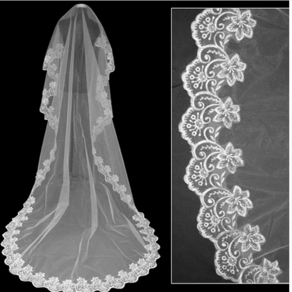 Wedding Veil Long Without Comb One Layer Lace Edge - Picture 1 of 3
